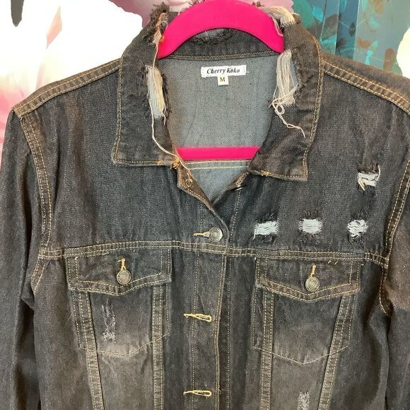 Cherry 🍒 Koko Longline Distressed Denim Jacket - Picture 2 of 9